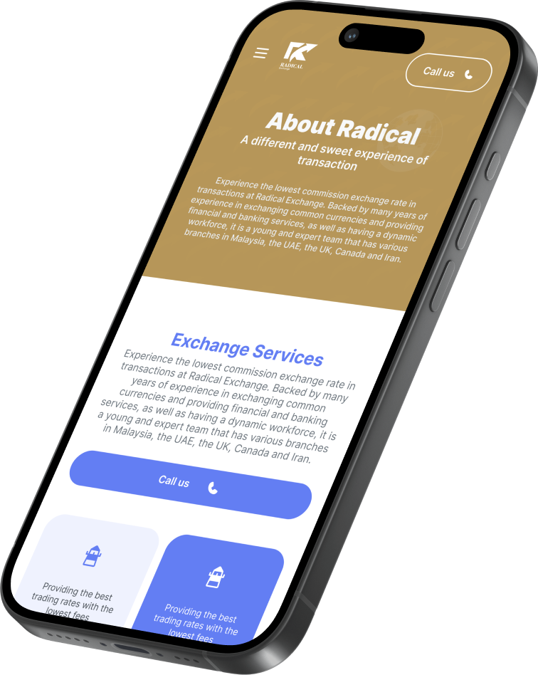 Phone showing a Persian website with a gold header and blue buttons.